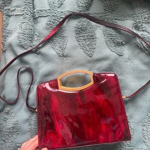 Stuart Weitzman Marbled Burgundy Patent Leather Crossbody with Gold Handle